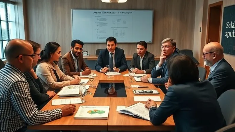 A photorealistic, professional photograph of a diverse group of business leaders and community representatives engaged in a constructive dialogue around a large conference table, with sustainability reports and data visualizations visible. The atmosphere is collaborative and open, with good eye contact and active listening. Cinematic lighting, sharp focus on the group, depth of field, 8K, professional photography, shot on a high-end DSLR.