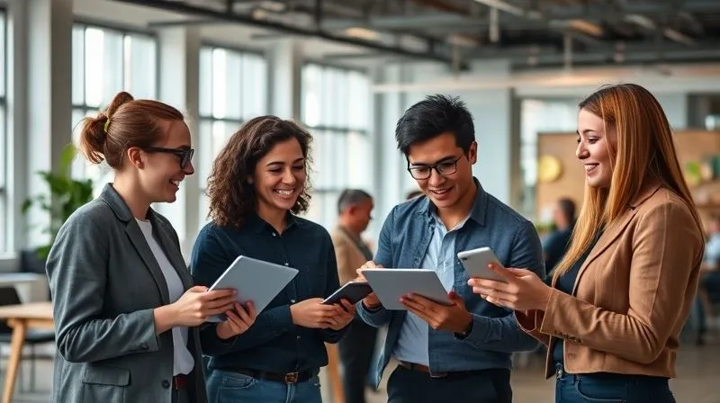 A photorealistic, professional photograph of a diverse team of employees from various departments collaboratively working on a sustainability project in a modern, open-plan office. They are engaged, smiling, and using digital tools to track progress, symbolizing internal alignment and shared purpose. Cinematic lighting, sharp focus on the team, depth of field, 8K, professional photography, shot on a high-end DSLR.