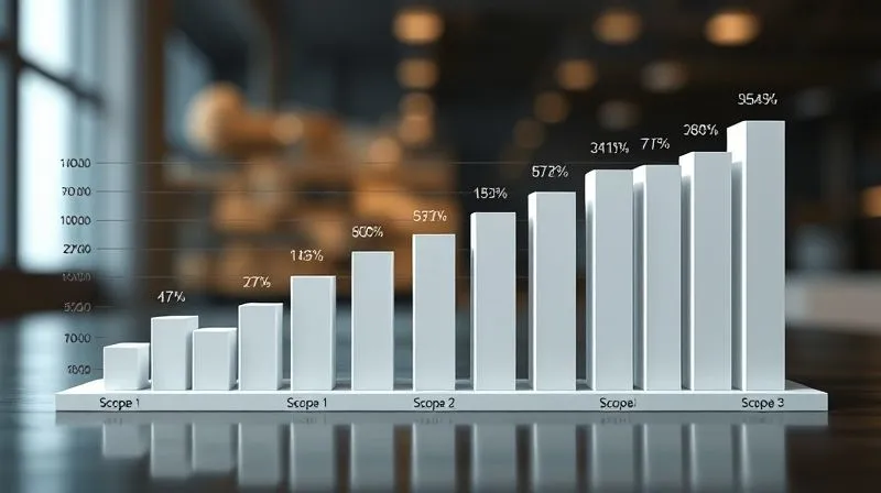 A photorealistic 3D bar chart showing a company's carbon emissions reduction over five years, with clear labels for Scope 1, 2, and 3. The chart should feature cinematic lighting, sharp focus on the data, depth of field blurring the background, 8K hyper-detailed, professional photography, shot on a high-end DSLR.