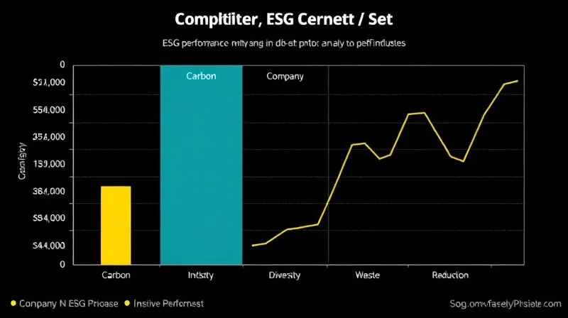 A photorealistic comparison chart showing ESG performance metrics (e.g., carbon intensity, diversity, waste reduction) for three fictional companies within the same industry, highlighting one company as an outlier in positive performance. The chart should use a clean, professional design with cinematic lighting, sharp focus on data points, depth of field, 8K hyper-detailed, professional photography, shot on a high-end DSLR.