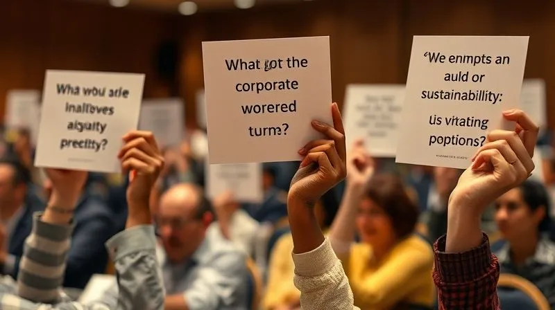 A photorealistic image of diverse hands, representing shareholders, holding up signs with clear, concise questions about corporate sustainability and accountability during a professional annual general meeting. The scene should convey active engagement and determination, with cinematic lighting, sharp focus on the hands and signs, depth of field blurring the background, 8K hyper-detailed, professional photography, shot on a high-end DSLR.
