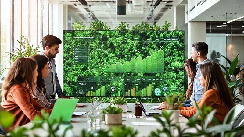 A photorealistic image of diverse individuals from various departments collaborating around a large, interactive digital display showing a company's sustainability progress dashboard, with green foliage subtly integrated into the modern office design, symbolizing growth and transparency. Professional photography, 8K, cinematic lighting, sharp focus, depth of field, shot on a high-end DSLR. A photorealistic image of diverse individuals from various departments collaborating around a large, interactive digital display showing a company's sustainability progress dashboard, with green foliage subtly integrated into the modern office design, symbolizing growth and transparency. Professional photography, 8K, cinematic lighting, sharp focus, depth of field, shot on a high-end DSLR.