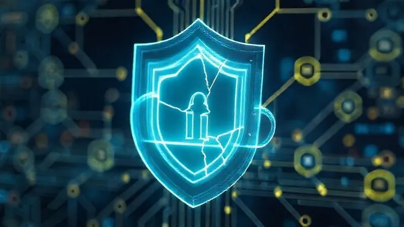 A photorealistic image of complex digital layers representing AI algorithms, cloud infrastructure, and interconnected third-party vendor icons, all enclosed within a transparent, glowing security shield. The shield is slightly cracked in one area, symbolizing potential vulnerabilities. Professional photography, 8K, cinematic lighting, sharp focus on the shield, depth of field blurring the background, shot on a high-end DSLR.