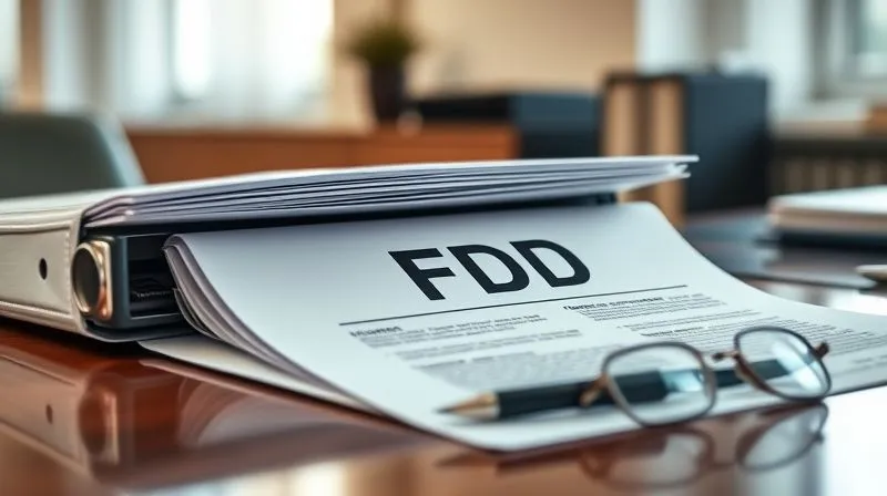 A photorealistic image of a thick, detailed legal binder labeled 'FDD', open on a polished desk, with a pen and reading glasses nearby, emphasizing thorough review. Professional photography, 8K, cinematic lighting, sharp focus on the document, depth of field, shot on a high-end DSLR.