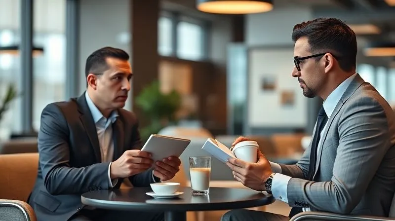 A photorealistic image of two business professionals engaged in a serious, confidential discussion over coffee in a modern office lounge, one taking notes. The atmosphere is earnest and focused, representing due diligence and information gathering. Professional photography, 8K, cinematic lighting, sharp focus on their interaction, depth of field, shot on a high-end DSLR.