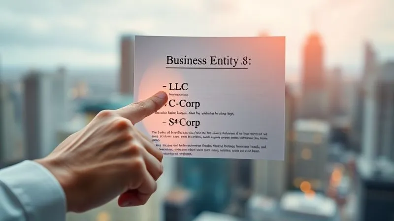 A photorealistic, professional photography, 8K, cinematic lighting, sharp focus, depth of field, shot on a high-end DSLR. A hand pointing at a legal document with multiple business entity options (LLC, C-Corp, S-Corp) highlighted, symbolizing a critical decision point. The background shows a blurred image of a cityscape, representing the business world.