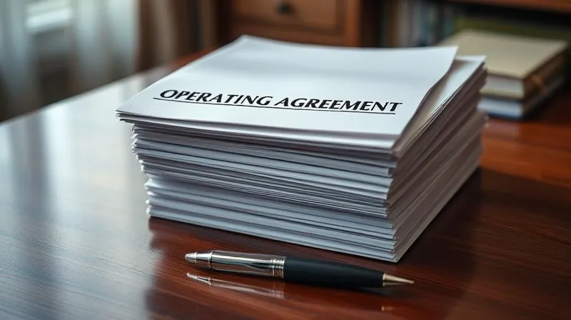 A photorealistic, professional photography, 8K, cinematic lighting, sharp focus, depth of field, shot on a high-end DSLR. A stack of neatly organized legal documents, including an 'Operating Agreement' and 'Bylaws' at the top, on a polished wooden desk. A pen rests beside them, ready for signing, symbolizing careful preparation and legal structure.
