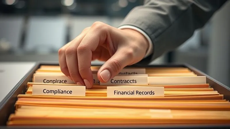 A photorealistic, professional photography, 8K, cinematic lighting, sharp focus, depth of field, shot on a high-end DSLR. A person's hand meticulously organizing files in a modern, minimalist office. The files are labeled 'Compliance,' 'Contracts,' 'Financial Records,' emphasizing systematic record-keeping and attention to detail. Soft, focused lighting highlights the files.