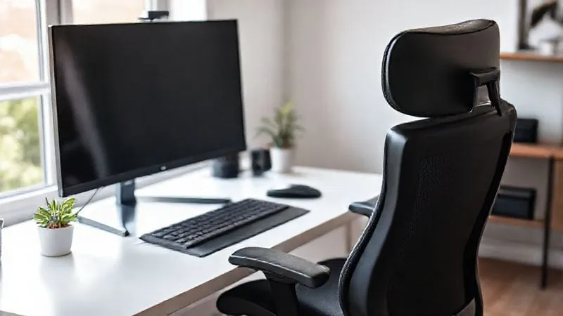 A professional, photorealistic image of a meticulously organized and ergonomic home office setup. A comfortable, supportive office chair is pulled up to a clean desk with a large monitor at eye level, an external keyboard, and a mouse. Soft, natural light streams in from a window, illuminating a small, healthy plant on the desk. The background is blurred, showing a calm, minimalist home environment. 8K, cinematic lighting, sharp focus, depth of field, shot on a high-end DSLR. A professional, photorealistic image of a meticulously organized and ergonomic home office setup. A comfortable, supportive office chair is pulled up to a clean desk with a large monitor at eye level, an external keyboard, and a mouse. Soft, natural light streams in from a window, illuminating a small, healthy plant on the desk. The background is blurred, showing a calm, minimalist home environment. 8K, cinematic lighting, sharp focus, depth of field, shot on a high-end DSLR.