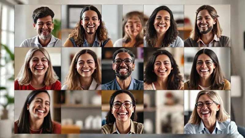 A diverse group of professionals smiling and laughing during a vibrant video conference call, with multiple windows showing their faces. The background for each person is a tasteful, blurred home office setting. The overall mood is one of genuine connection and positive collaboration, symbolizing a strong remote team culture. 8K, cinematic lighting, sharp focus on faces, depth of field. A diverse group of professionals smiling and laughing during a vibrant video conference call, with multiple windows showing their faces. The background for each person is a tasteful, blurred home office setting. The overall mood is one of genuine connection and positive collaboration, symbolizing a strong remote team culture. 8K, cinematic lighting, sharp focus on faces, depth of field.