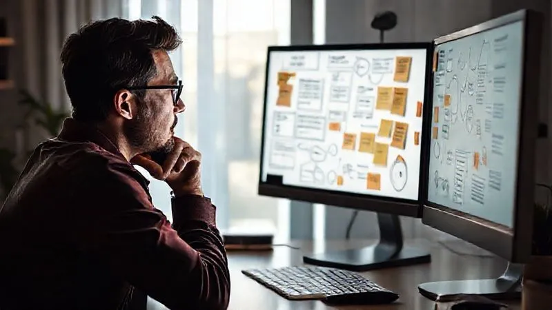 A photorealistic image of a person sitting at a desk, gently resting their chin on their hand, looking thoughtfully at a digital whiteboard on their monitor filled with sticky notes and diagrams related to personal growth and productivity strategies. The lighting is soft and contemplative, suggesting introspection and planning. 8K, cinematic lighting, sharp focus on the person, depth of field. A photorealistic image of a person sitting at a desk, gently resting their chin on their hand, looking thoughtfully at a digital whiteboard on their monitor filled with sticky notes and diagrams related to personal growth and productivity strategies. The lighting is soft and contemplative, suggesting introspection and planning. 8K, cinematic lighting, sharp focus on the person, depth of field.