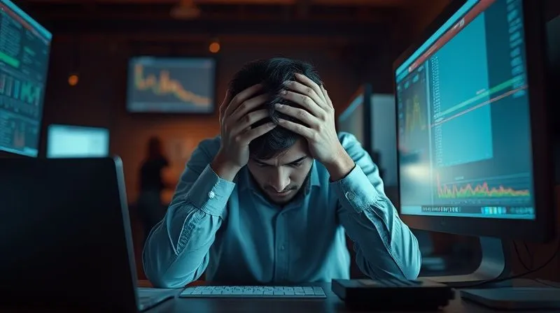 Photorealistic image depicting a person at a desk, head in hands, surrounded by glowing screens in a dimly lit room, conveying exhaustion and stress, cinematic lighting, sharp focus on the person, depth of field blurring the background, 8K hyper-detailed, shot on a high-end DSLR.