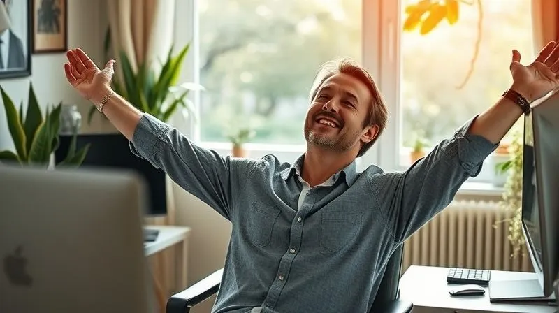 Photorealistic image of a person stretching and looking refreshed after a short break from their home office setup, bathed in natural light, sharp focus on the person, depth of field blurring the background, 8K hyper-detailed, shot on a high-end DSLR.