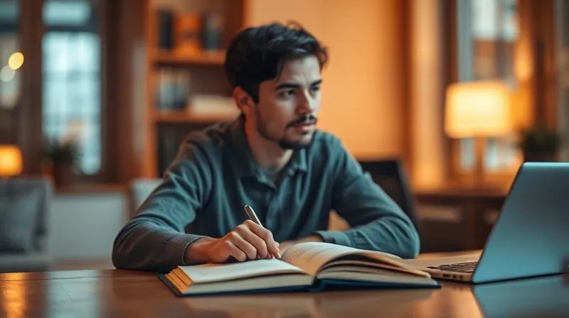 Photorealistic image of a person sitting calmly at a desk, looking reflective, with a journal open, suggesting self-assessment and planning, warm, inviting cinematic lighting, sharp focus on the journal and person, depth of field blurring the background, 8K hyper-detailed, shot on a high-end DSLR.