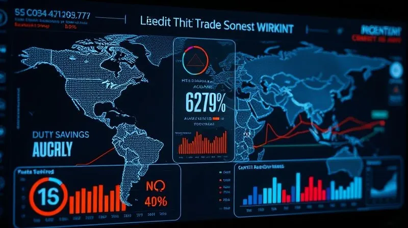 A photorealistic image of a sleek, modern data dashboard displaying complex trade compliance metrics, including HS code accuracy rates, duty savings, and audit readiness. Digital lines connect various global locations on a world map in the background. Professional photography, 8K, cinematic lighting, sharp focus on the dashboard elements, depth of field, shot on a high-end DSLR. A photorealistic image of a sleek, modern data dashboard displaying complex trade compliance metrics, including HS code accuracy rates, duty savings, and audit readiness. Digital lines connect various global locations on a world map in the background. Professional photography, 8K, cinematic lighting, sharp focus on the dashboard elements, depth of field, shot on a high-end DSLR.