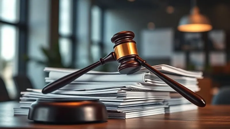 Photorealistic, professional photography, 8K, cinematic lighting, sharp focus, depth of field, shot on a high-end DSLR. A legal gavel poised above a stack of complex, dense legal documents, with a blurred background of a modern office, emphasizing the weight and complexity of legal decisions.