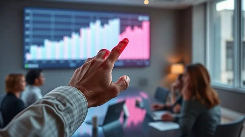 Photorealistic, professional photography, 8K, cinematic lighting, sharp focus, depth of field, shot on a high-end DSLR. A hand pointing to a detailed, glowing bar graph projected onto a wall, surrounded by business professionals in a modern meeting room, signifying data-driven decision making and evidence-based claims.
