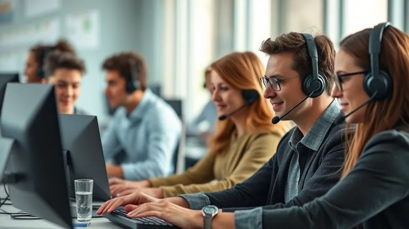 Photorealistic, professional photography, 8K, cinematic lighting, sharp focus, depth of field, shot on a high-end DSLR. A diverse group of customer service representatives in a modern, brightly lit call center, actively engaged in conversations, with subtle digital interfaces showing customer interaction logs. Their expressions are focused and empathetic.