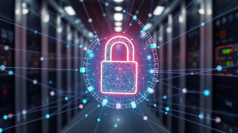 Photorealistic, professional photography, 8K, cinematic lighting, sharp focus, depth of field, shot on a high-end DSLR. A glowing, intricate digital lock icon overlaid on a network of interconnected data points, with a blurred background of a secure server room, symbolizing robust data privacy and security protocols.