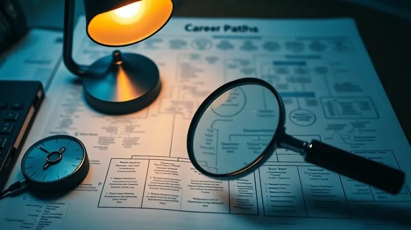 A photorealistic image of a detective's desk with a magnifying glass over a complex flowchart of career paths, illuminated by a single desk lamp, sharp focus on the details of the chart, depth of field blurring the background, 8K hyper-detailed, cinematic lighting.