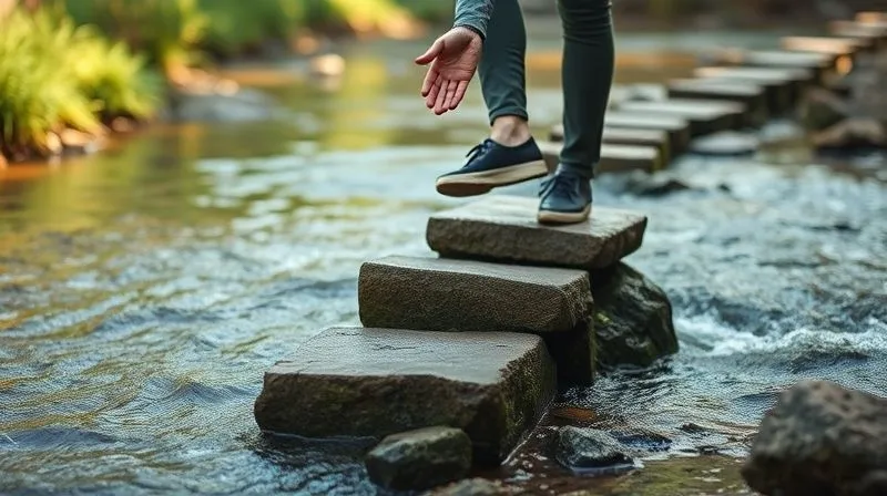 A photorealistic image of a person carefully crossing a series of stepping stones over a gently flowing stream, with a supportive hand extended from the bank, symbolizing stretch assignments and support. The environment is natural and serene, with soft, encouraging light. 8K, cinematic lighting, sharp focus, depth of field.