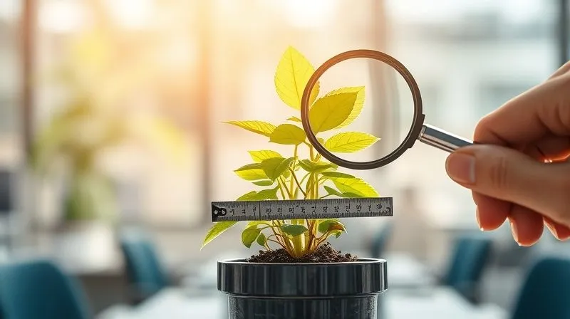 A photorealistic image of a vibrant, growing plant being carefully measured with a ruler and examined with a magnifying glass, set against a blurred background of a modern office. The lighting is bright and optimistic, symbolizing meticulous growth tracking. 8K, cinematic lighting, sharp focus, depth of field.