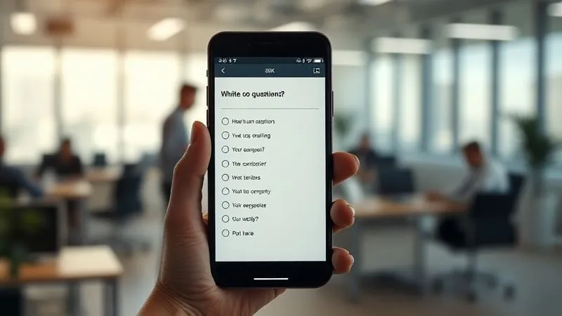 Photorealistic, professional photography, 8K, cinematic lighting, sharp focus on a minimalist, clean, and modern digital survey form on a smartphone screen, with only 3-4 clear, concise questions visible, a subtle progress bar showing '20% complete', depth of field blurring the background of a busy but calm office environment.