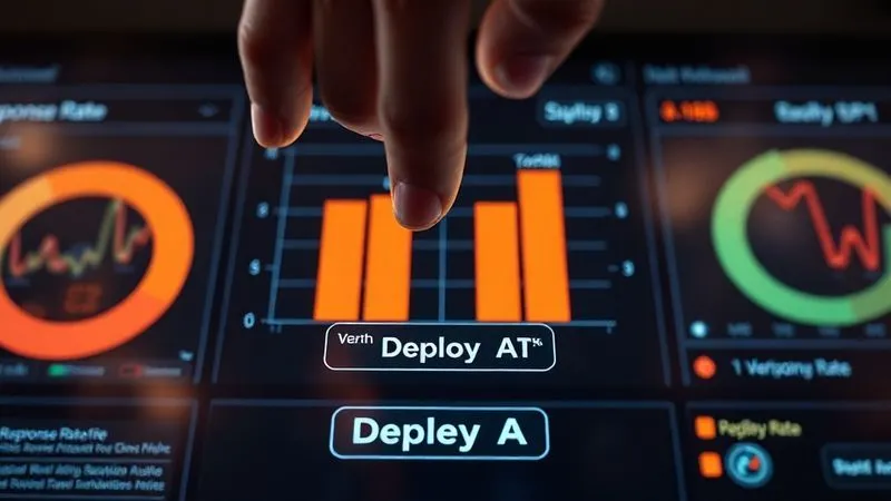 Photorealistic, professional photography, 8K, cinematic lighting, sharp focus on a digital dashboard displaying two side-by-side bar charts, clearly labeled 'Version A' and 'Version B', showing a significant difference in 'Response Rate'. A hand hovers over a 'Deploy A' button, symbolizing data-driven decision making and optimization, depth of field.