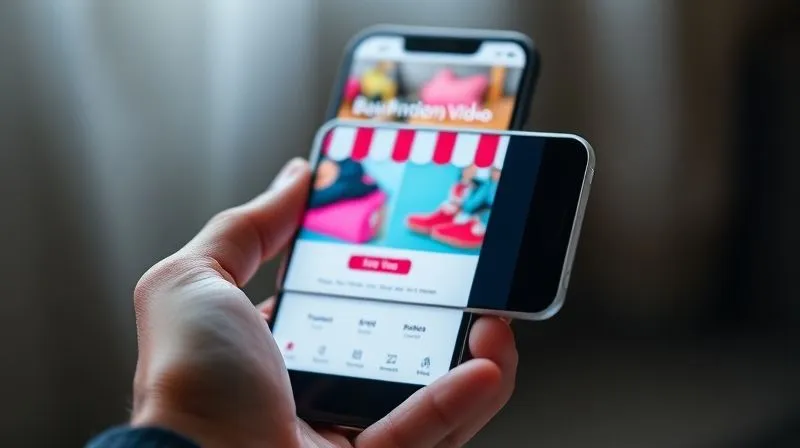 A photorealistic, close-up shot of a person's hand holding a smartphone, the screen displaying a vibrant, short video ad for an e-commerce product. The ad features dynamic text overlays and a clear call-to-action button. Cinematic lighting, sharp focus on the screen, depth of field blurring the background. 8K hyper-detailed, professional photography, shot on a high-end DSLR.