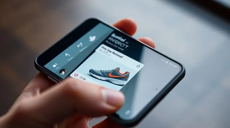 A photorealistic depiction of a mobile phone screen showing a dynamic retargeting ad. The ad features a specific product (e.g., a pair of running shoes) that the user previously viewed on an e-commerce site, with a personalized discount overlay. The ad is seamlessly integrated into a social media feed. Cinematic lighting, sharp focus on the ad, depth of field blurring the background. 8K hyper-detailed, professional photography, shot on a high-end DSLR.