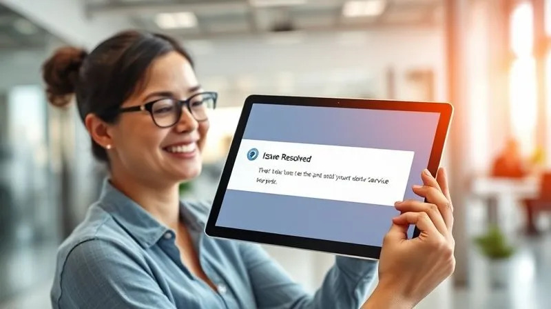 A photorealistic image of a person smiling and successfully navigating a sleek, modern self-service portal on a tablet, with a clear 'Issue Resolved' confirmation appearing on the screen, bright, clean office environment in the background, cinematic lighting, 8K hyper-detailed, professional photography, sharp focus on the tablet and happy expression, depth of field blurring the background, shot on a high-end DSLR. A photorealistic image of a person smiling and successfully navigating a sleek, modern self-service portal on a tablet, with a clear 'Issue Resolved' confirmation appearing on the screen, bright, clean office environment in the background, cinematic lighting, 8K hyper-detailed, professional photography, sharp focus on the tablet and happy expression, depth of field blurring the background, shot on a high-end DSLR.