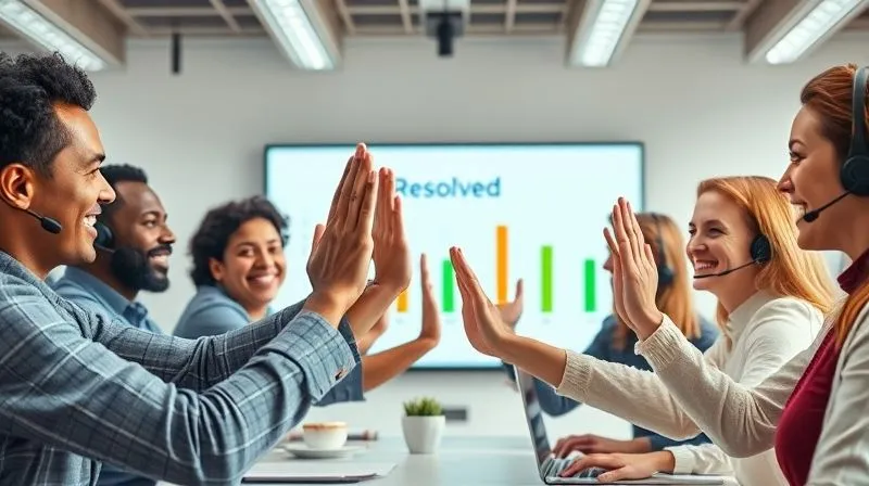 A photorealistic image of a diverse online support team celebrating a successful month, with high-fives and smiles, in a modern, brightly lit office environment, a 'Resolved' dashboard visible on a large screen in the background, cinematic lighting, 8K hyper-detailed, professional photography, sharp focus on the team's joyful expressions, depth of field blurring the background, shot on a high-end DSLR. A photorealistic image of a diverse online support team celebrating a successful month, with high-fives and smiles, in a modern, brightly lit office environment, a 'Resolved' dashboard visible on a large screen in the background, cinematic lighting, 8K hyper-detailed, professional photography, sharp focus on the team's joyful expressions, depth of field blurring the background, shot on a high-end DSLR.