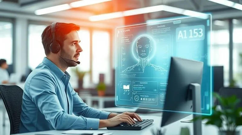 A photorealistic image of a human customer service agent working seamlessly alongside a glowing, holographic AI assistant interface on a desktop monitor, the AI displaying real-time suggestions and customer data, focused and efficient atmosphere in a modern tech office, cinematic lighting, 8K hyper-detailed, professional photography, sharp focus on the interaction between human and AI, depth of field blurring the background, shot on a high-end DSLR. A photorealistic image of a human customer service agent working seamlessly alongside a glowing, holographic AI assistant interface on a desktop monitor, the AI displaying real-time suggestions and customer data, focused and efficient atmosphere in a modern tech office, cinematic lighting, 8K hyper-detailed, professional photography, sharp focus on the interaction between human and AI, depth of field blurring the background, shot on a high-end DSLR.