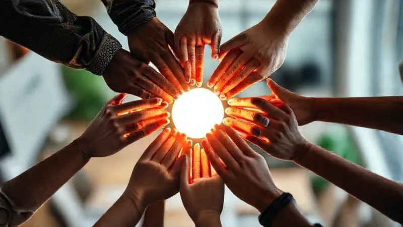A photorealistic, professional photography, 8K, cinematic lighting, sharp focus, depth of field, shot on a high-end DSLR of diverse hands gently forming a circle around a glowing light, symbolizing psychological safety, trust, and shared vulnerability in a global team context. The background is a softly blurred, modern collaborative workspace, conveying warmth and mutual support.