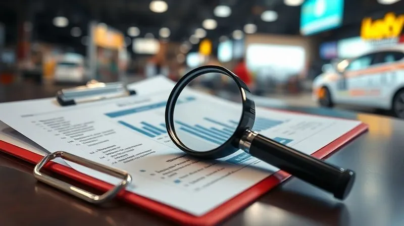 A photorealistic image of a magnifying glass hovering over a detailed financial report and a clipboard with operational checklists, with a blurred background of a bustling franchise location, emphasizing scrutiny and analysis. professional photography, 8K, cinematic lighting, sharp focus, depth of field, shot on a high-end DSLR