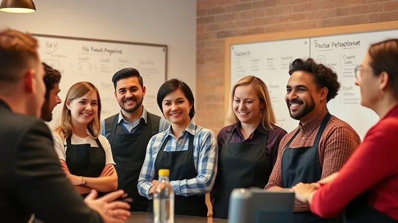 A photorealistic image of a diverse team of franchise employees (e.g., baristas, retail associates) engaged in a training session, actively participating and smiling. An experienced mentor figure is leading the session, with a whiteboard in the background showing key performance indicators. professional photography, 8K, cinematic lighting, sharp focus, depth of field, shot on a high-end DSLR