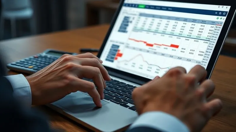 A photorealistic image of a business person's hands meticulously analyzing a detailed financial spreadsheet on a laptop, with a calculator and a pen nearby. The screen shows charts and figures related to profit and loss, with some numbers highlighted in green for positive trends and red for areas needing improvement. professional photography, 8K, cinematic lighting, sharp focus, depth of field, shot on a high-end DSLR