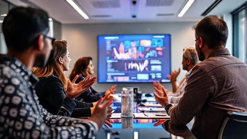 photorealistic, professional photography, 8K, cinematic lighting, sharp focus, depth of field, shot on a high-end DSLR. A diverse team actively collaborating in a modern, brightly lit conference room. One team member is presenting a vibrant data visualization on a large screen, while others are contributing ideas, with some using sign language or assistive devices. The atmosphere is dynamic, respectful, and highly inclusive, showing genuine engagement from all participants. photorealistic, professional photography, 8K, cinematic lighting, sharp focus, depth of field, shot on a high-end DSLR. A diverse team actively collaborating in a modern, brightly lit conference room. One team member is presenting a vibrant data visualization on a large screen, while others are contributing ideas, with some using sign language or assistive devices. The atmosphere is dynamic, respectful, and highly inclusive, showing genuine engagement from all participants.