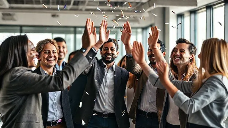 photorealistic, professional photography, 8K, cinematic lighting, sharp focus, depth of field, shot on a high-end DSLR. A diverse team of professionals smiling and high-fiving in a modern office space, celebrating a successful project. Confetti subtly falls, and the atmosphere is one of genuine camaraderie, achievement, and belonging. Natural light streams in, highlighting the joyous expressions. photorealistic, professional photography, 8K, cinematic lighting, sharp focus, depth of field, shot on a high-end DSLR. A diverse team of professionals smiling and high-fiving in a modern office space, celebrating a successful project. Confetti subtly falls, and the atmosphere is one of genuine camaraderie, achievement, and belonging. Natural light streams in, highlighting the joyous expressions.