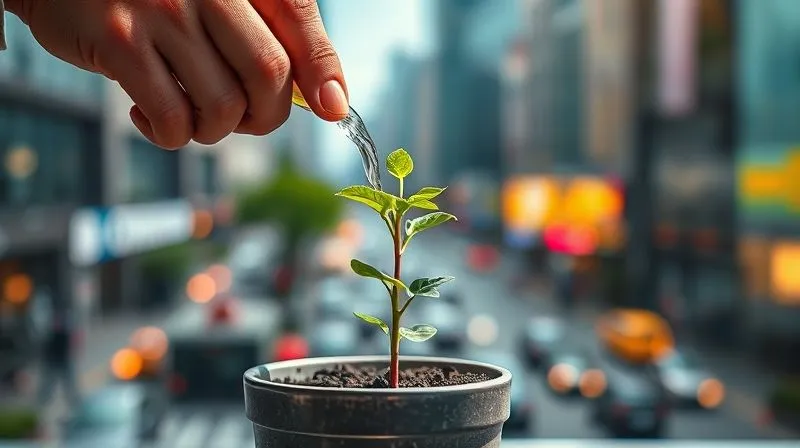 A photorealistic image of a nurturing hand watering a small, vibrant plant growing in a fertile pot, symbolizing customer retention and growth, with a blurred background of a bustling city, professional photography, 8K, cinematic lighting, sharp focus, depth of field, shot on a high-end DSLR