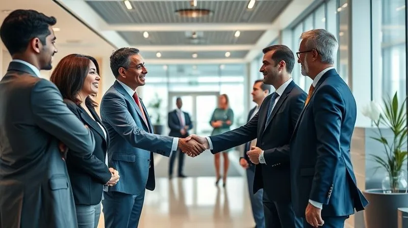 A photorealistic image of diverse business professionals shaking hands in a bright, modern office lobby, with subtle connections forming visually between them, symbolizing networking and introductions, professional photography, 8K, cinematic lighting, sharp focus, depth of field, shot on a high-end DSLR