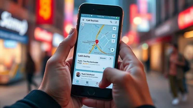 A photorealistic image of a person holding a smartphone, with a bright, dynamic map interface showing local business listings and positive customer reviews. The background is a slightly blurred, vibrant city street scene, cinematic lighting, sharp focus on the phone and hands, depth of field. 8K hyper-detailed.