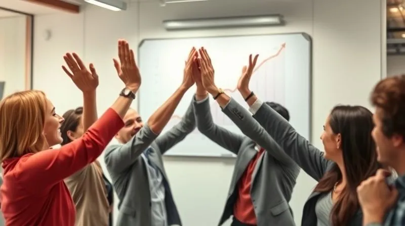 A photorealistic image of a diverse team of employees high-fiving in a modern office or retail setting, celebrating a sales target achievement. There's a whiteboard in the background with sales figures showing an upward trend. Cinematic lighting, sharp focus on the team's joyful expressions, depth of field. 8K hyper-detailed.