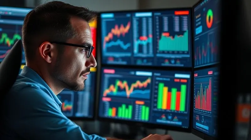 A photorealistic image of a person analyzing complex financial charts and data on multiple computer screens, with a focused and determined expression. The screens display vibrant, clear graphs showing revenue and expense breakdowns. Cinematic lighting, sharp focus on the person and screens, depth of field. 8K hyper-detailed.