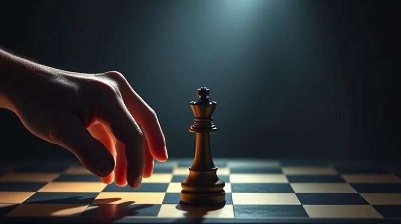 A photorealistic image of a hand moving a chess piece (knight) on a chessboard, symbolizing strategic thinking and adaptation. The board is illuminated by a focused spotlight, casting dramatic shadows. Cinematic lighting, sharp focus on the chess piece and hand, depth of field. 8K hyper-detailed.
