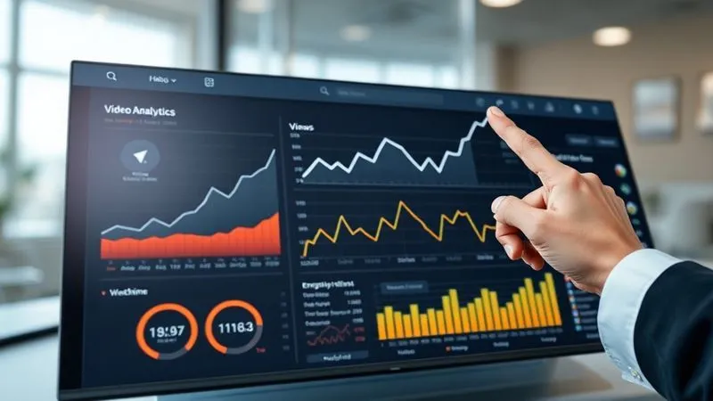 A photorealistic image of a sleek, modern dashboard displaying various video analytics graphs and charts (views, engagement, watch time), with a professional hand pointing to a rising trendline. The background is slightly blurred, emphasizing the data. Professional photography, 8K, cinematic lighting, sharp focus on the dashboard.
