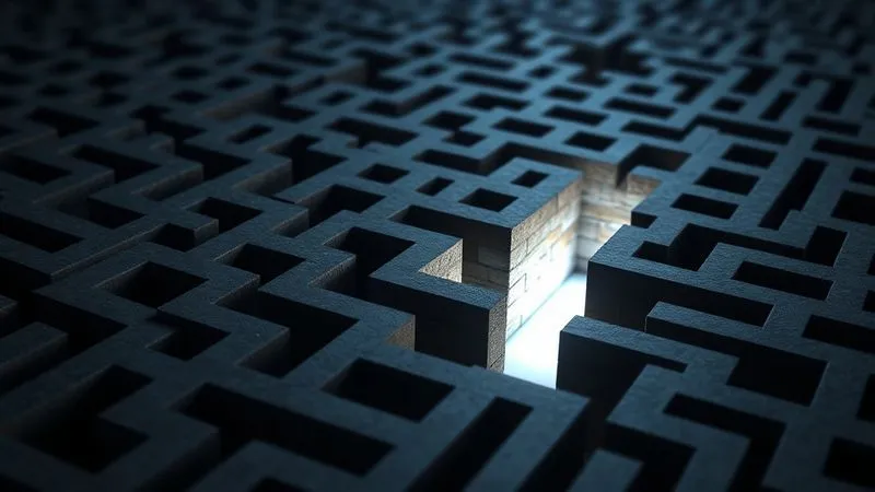 A photorealistic image of a complex, three-dimensional maze or labyrinth, with a glowing path emerging from a seemingly blocked section, symbolizing a breakthrough. Professional photography, 8K, cinematic lighting, sharp focus on the glowing path, depth of field blurring the surrounding maze walls.