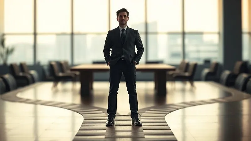 A photorealistic image of a lone business professional standing confidently at a crossroads, looking towards a path less traveled but well-lit, with a high-stakes negotiation table blurred in the background. Professional photography, 8K, cinematic lighting, sharp focus on the professional, depth of field blurring the table.
