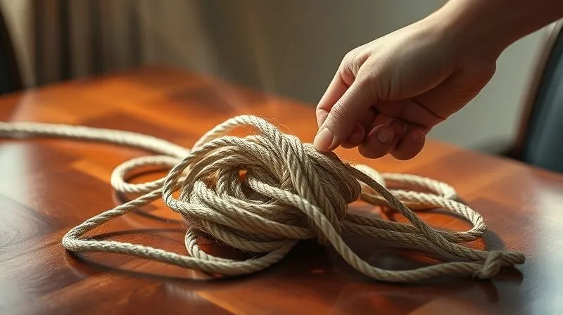 photorealistic, professional photography, 8K, cinematic lighting, sharp focus, depth of field, shot on a high-end DSLR, a complex, tangled knot of ropes on a polished wooden table, representing a negotiation deadlock, with a single, strong hand beginning to untangle one strand, rays of light illuminating the knot, metaphor for understanding the problem.