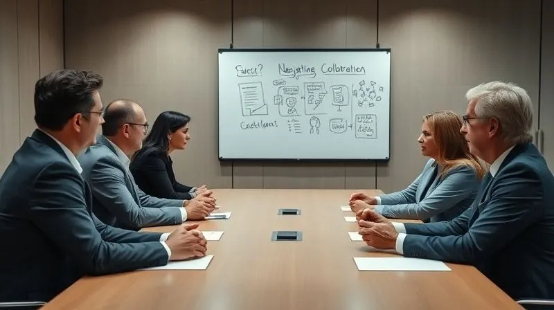 photorealistic, professional photography, 8K, cinematic lighting, sharp focus, depth of field, shot on a high-end DSLR, a neutral, calm professional mediator sitting between two groups of negotiators across a boardroom table, hands gently gesturing towards a whiteboard with collaborative ideas, cinematic lighting highlighting the sense of progress and resolution.